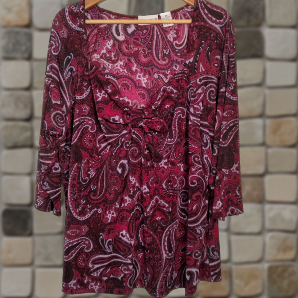 Vintage Jaclyn Smith Plus Size 2X Shirt Knit V-Neck Paisley Purple 3/4 Sleeve Blouse Women Size XXL / US 16-18 / IT 52-54 - 1 Thumbnail