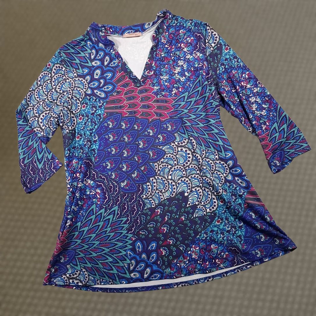 Vintage Tanst Lightweight Tunic Shirt Women's XL Blue Paisley Print V-Neck 3/4 Sleeve Size XL / US 12-14 / IT 48-50 - 1 Thumbnail