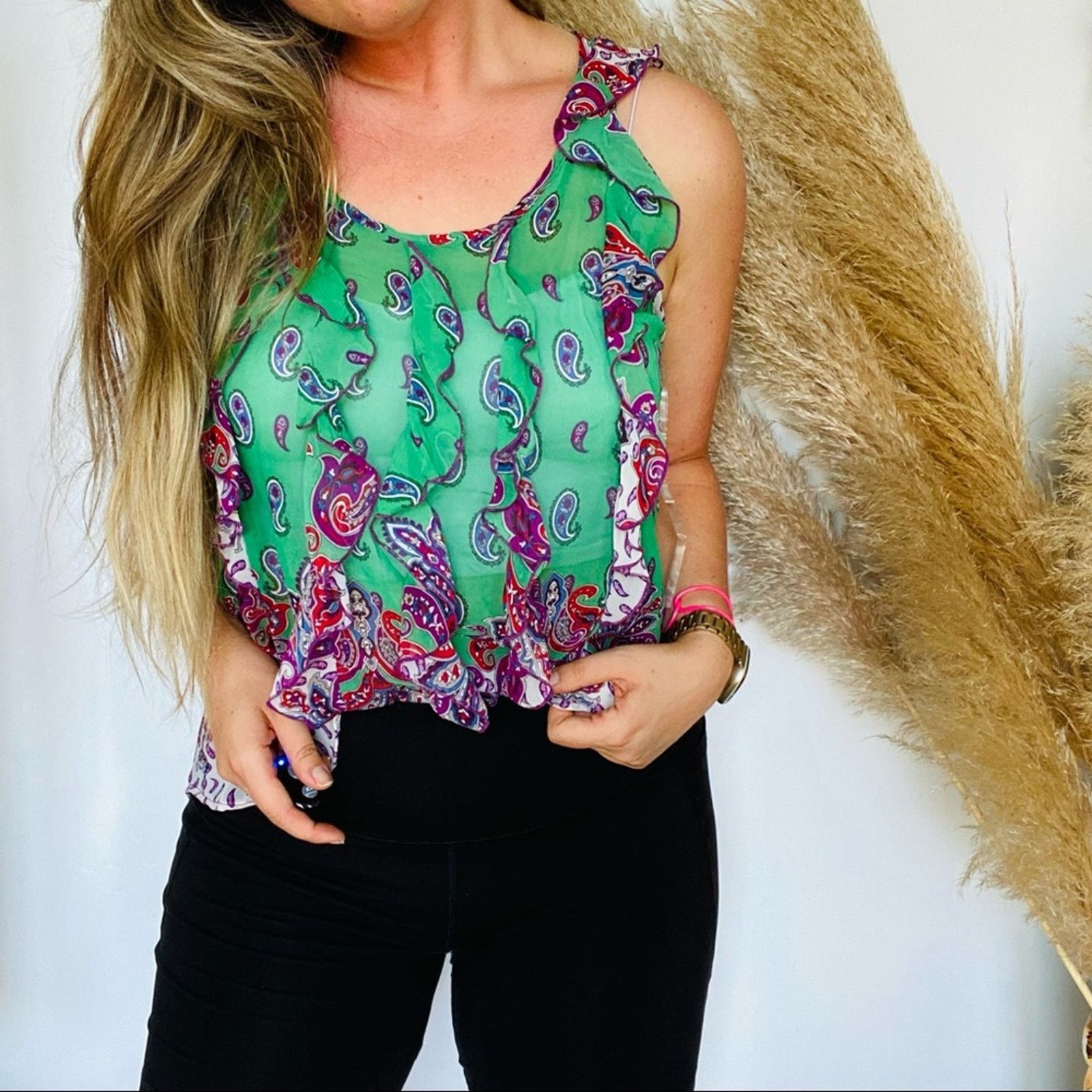 Vintage VINTAGE Green Purple White Ruffle Print Sheer Tank Blouse Size L / US 10 / IT 46 - 3 Thumbnail