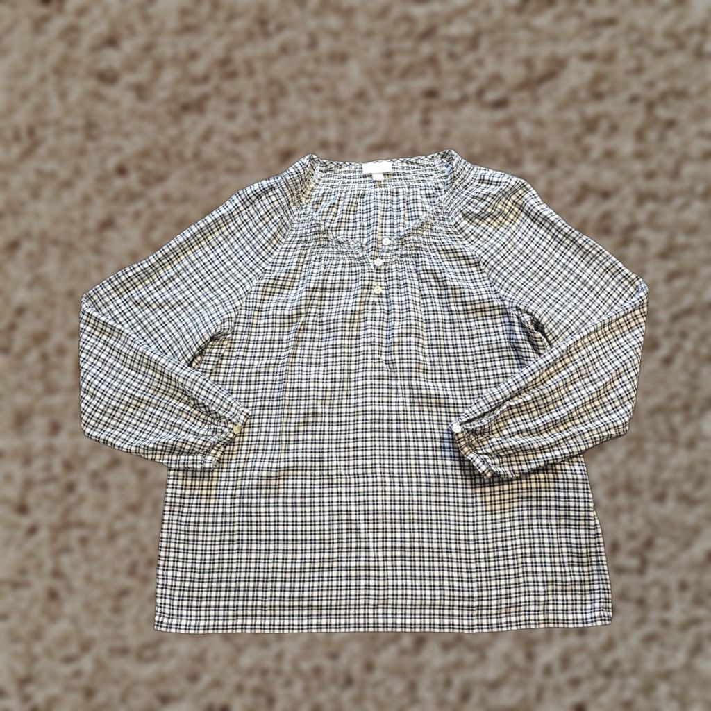 J. Jill J Jill Top Women Large White Black Plaid Henley Long Sleeve Shirt Casual Career Size L / US 10 / IT 46 - 1 Thumbnail