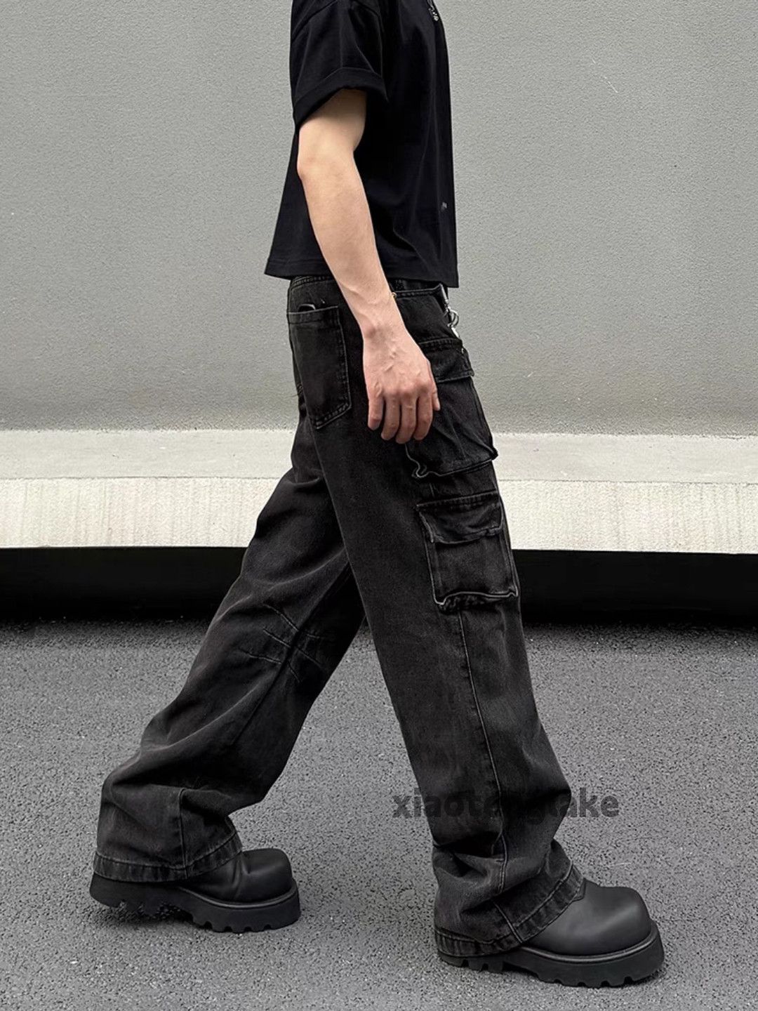 Jean Unisex washed faded loose baggy hiphop cargo jeans Size US 32 / EU 48 - 2 Thumbnail