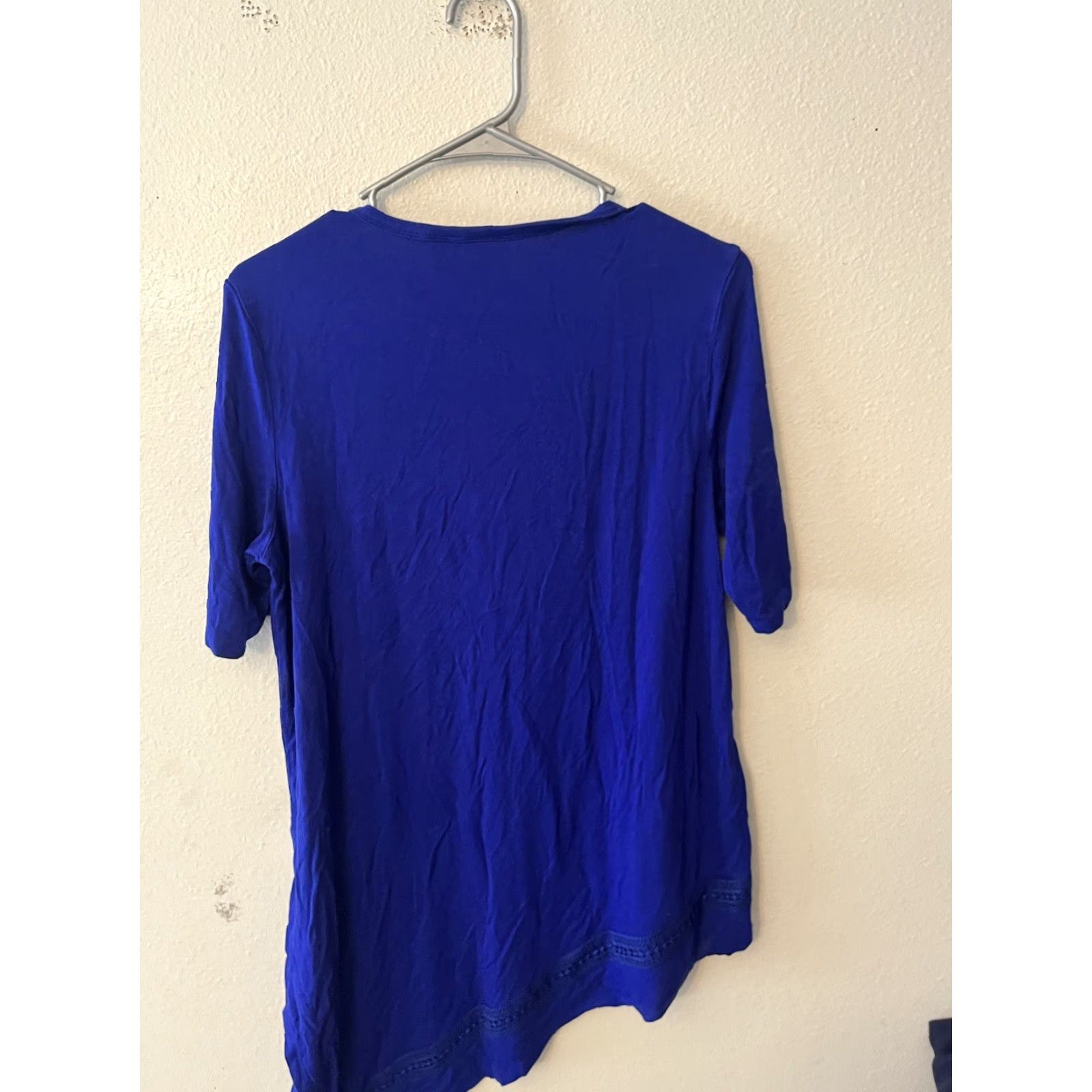 Vintage Chico's Shirt Womens 1 Blue Asymmetrical Short Sleeve Tee Stretch T-Shirt Round Neck Lace Crochet Vintage: No Size XS / US 0-2 / IT 36-38 - 3 Thumbnail