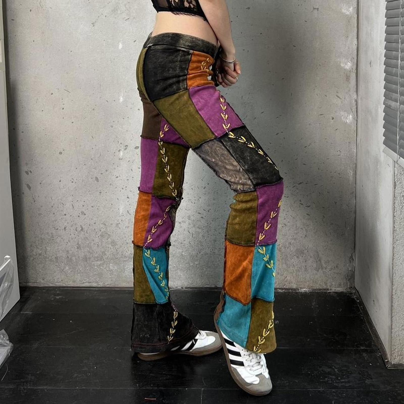 Japanese Brand Nepal Handmade Boho Multicolor Patchwork Bell Bottom Pants Size 29" - 4 Thumbnail