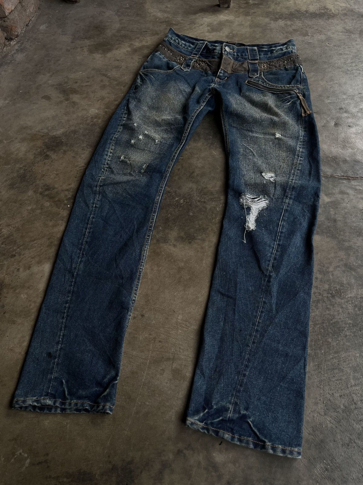 5351 POUR LES HOMMES 2000s JAPANESE BEADS ICOM DOUBLE WAIST DENIM PUNK PANTS VKEI Size US 32 / EU 48 - 7 Thumbnail