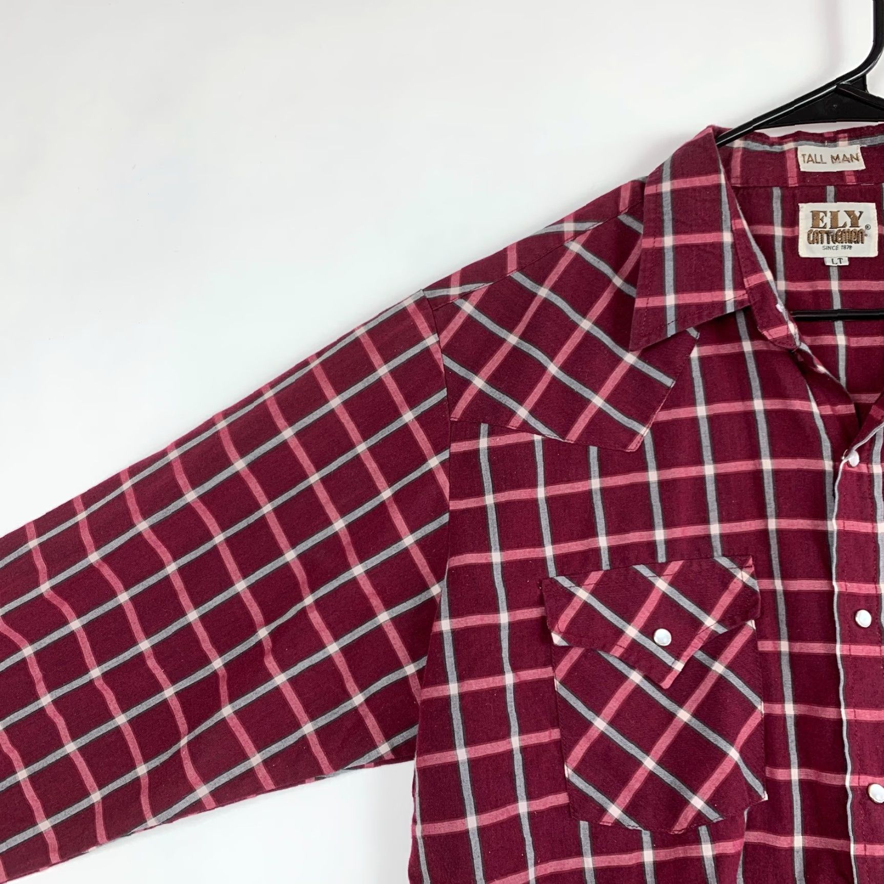Vintage Vintage Ely Cattleman Tall Man Plaid Red White Rodeo Western Pearl Snap Shirt LT Long Sleeve Cotton 1980s Grunge Size US L / EU 52-54 / 3 - 6 Thumbnail
