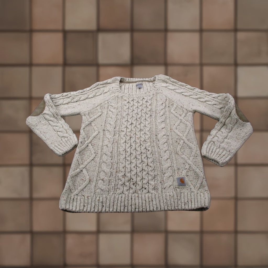 Carhartt Carhartt Sweater Womens S Wool Blend Cable Knit Elbow Patches Fisherman Beach Beige Crew Neck Pullover Sweater Womens Size S Size S / US 4 / IT 40 - 1 Thumbnail