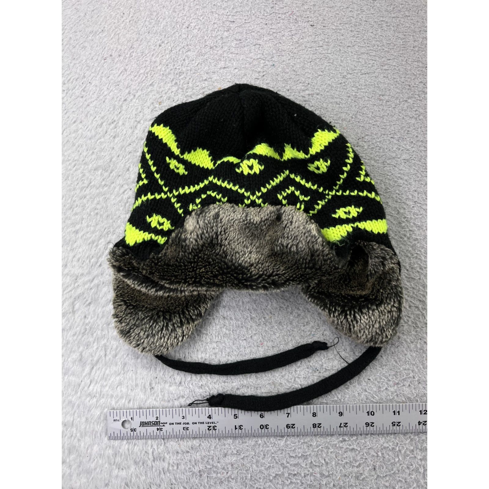 Vintage VINTAGE Hat Cap Trapper Adult One Size Black Green Faux Fur Flaps Lined Hunting Camping Geometric Knit Men Size ONE SIZE - 2 Thumbnail