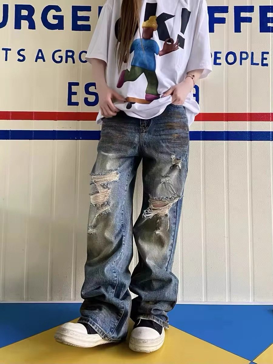 Jean Vintage Dirty Blue Distressed Hole Jeans Unisex Size US 33 - 6 Thumbnail