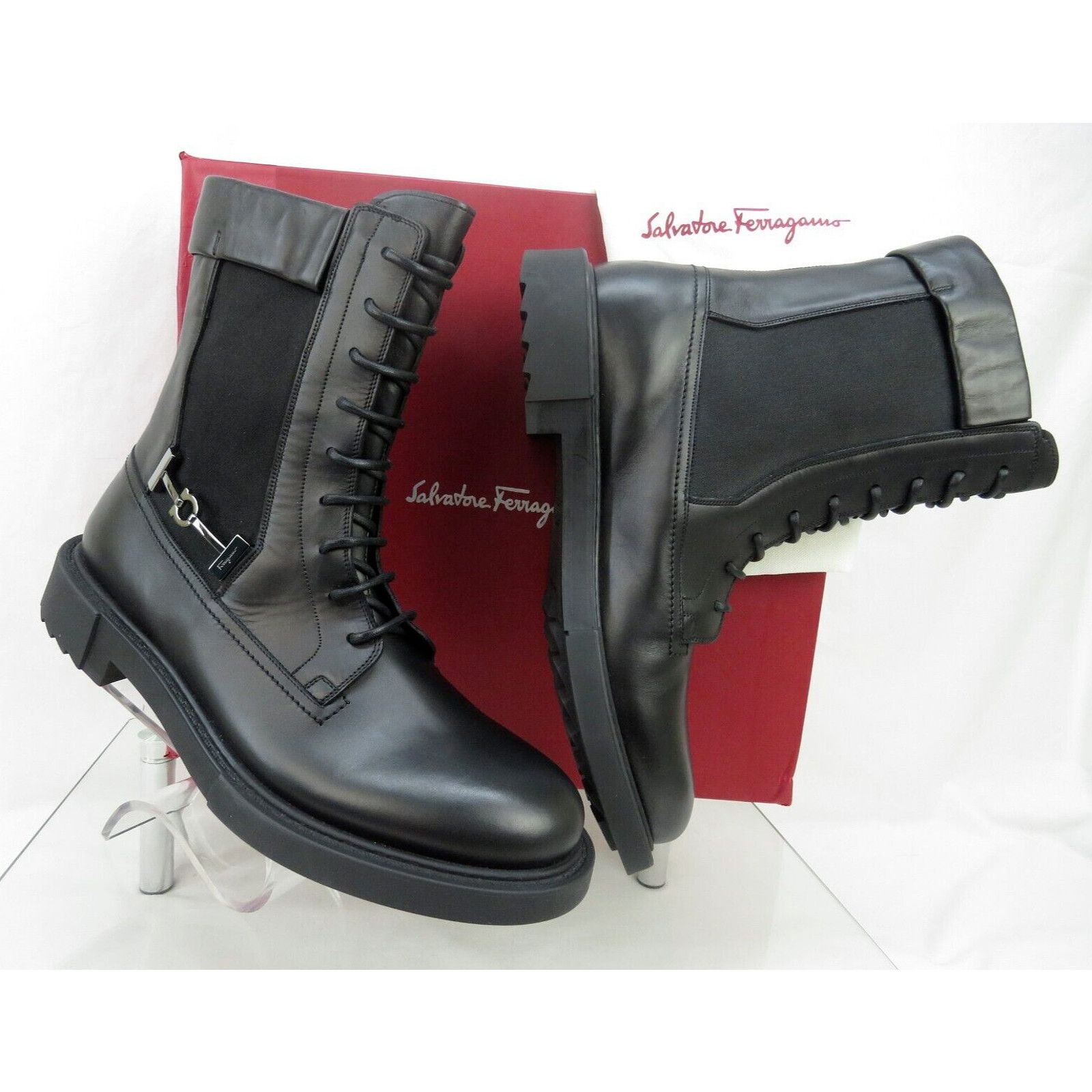 Salvatore Ferragamo NEW IGLESIAS BLACK LEATHER GANCINI LOGO COMBAT BOOTS 12 D Size US 12 / EU 45 - 2 Thumbnail