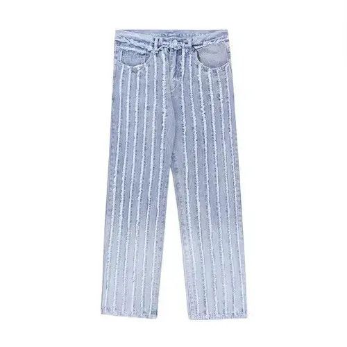 Japanese Brand × Jean Unisex Striped Frayed Ripped Tassel Jeans Pants Size US 33 - 4 Thumbnail