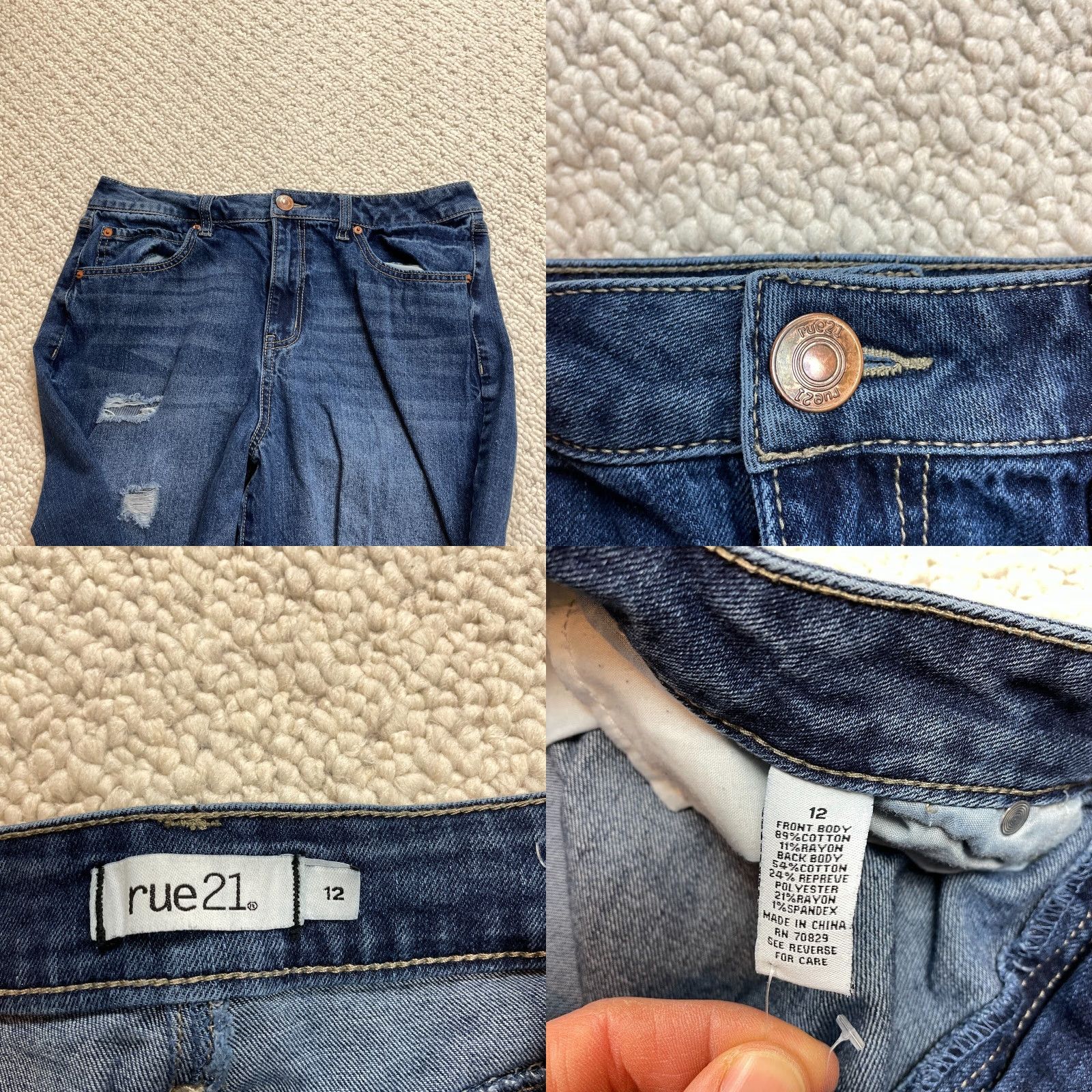 Vintage Rue 21 Jeans Womens 12 Blue Denim Dark Wash Distressed Straight Leg 32x29.5 Size 34" / US 12 / IT 48 - 8 Thumbnail