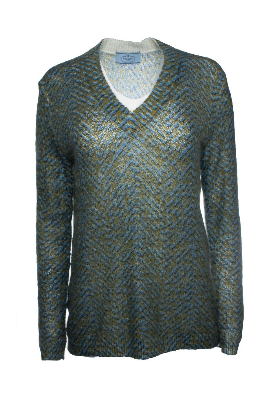Prada Prada, blue and green printed v neck sweater Size M / US 6-8 / IT 42-44 - 1 Thumbnail