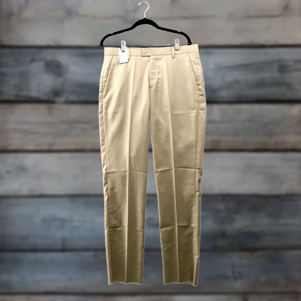 Vintage Pinstripe Clothing Mens Dress Pants Beige Khaki 34 Unhemmed Slim Tapered Flat Front Polyester Blend Zip Fly Quality Workwear NWT Size US 34 / EU 50 - 1 Thumbnail