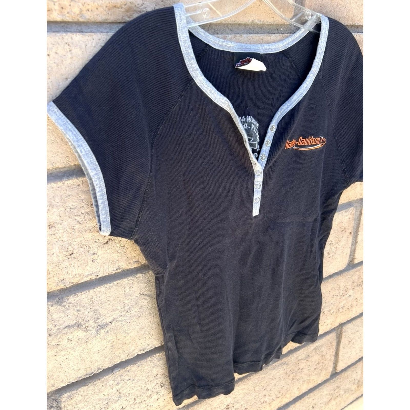 Harley Davidson Harley-Davidson Womens Ribbed Henley T Shirt Black Y2K Fitted Motorcycle Top L Size L / US 10 / IT 46 - 4 Thumbnail