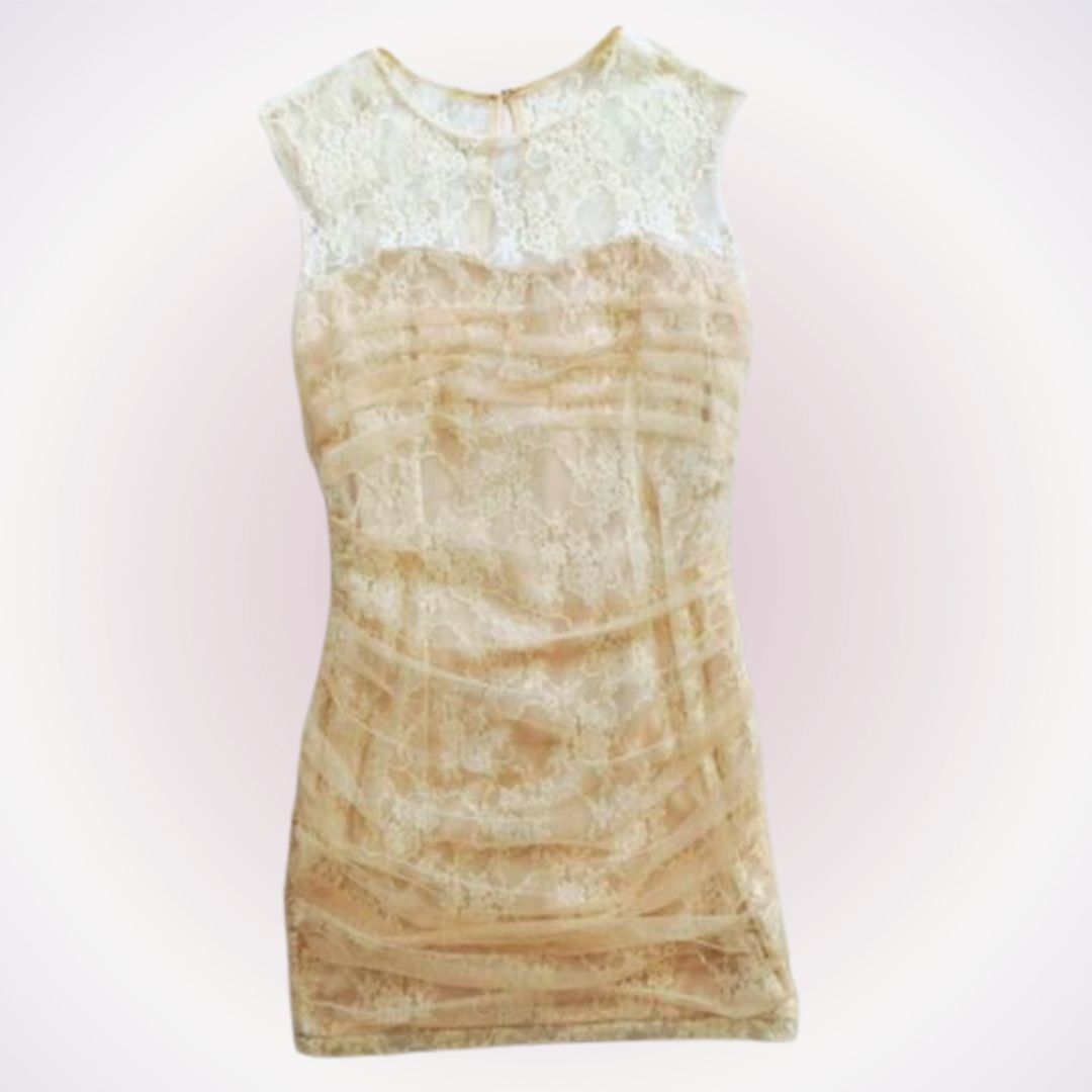 Other En Creme Tan and Cream Lace Tulle Mini Dress | Sz S Size S / US 4 / IT 40 - 1 Thumbnail