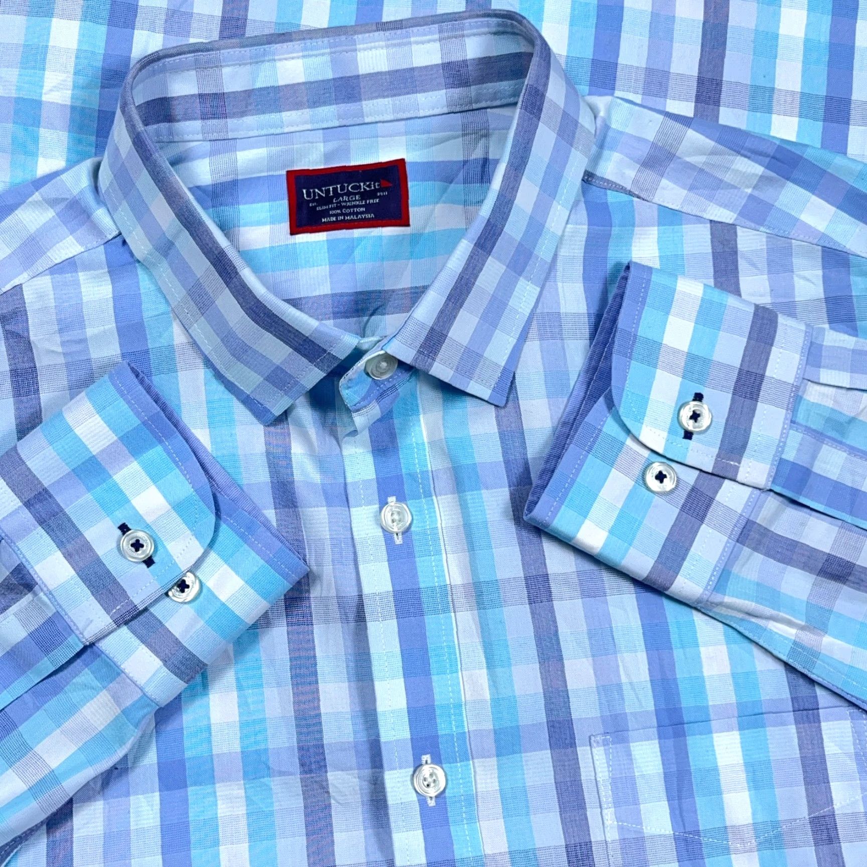 UNTUCKit UNTUCKit Shirt Men Large Blue Slim Fit Button Up Plaid Dress Poplin Casual Size US L / EU 52-54 / 3 - 2 Thumbnail