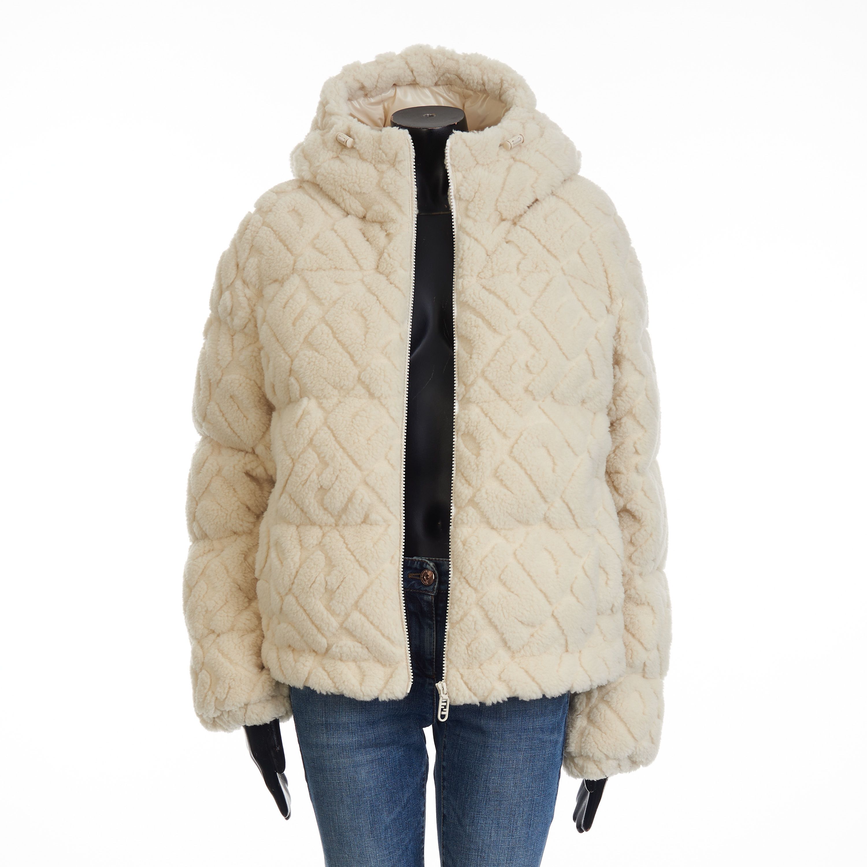 Fendi Short Blouson Jacket - White Wool, FF Motif, Drawstring Size L / US 10 / IT 46 - 9 Thumbnail