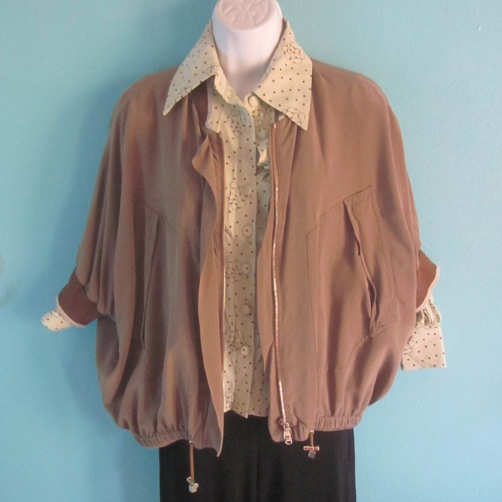 image of Fay Silk Dolman Sleeve Jacket Zip Front Tan Cuffed Short Sle, Women's (Size Small)