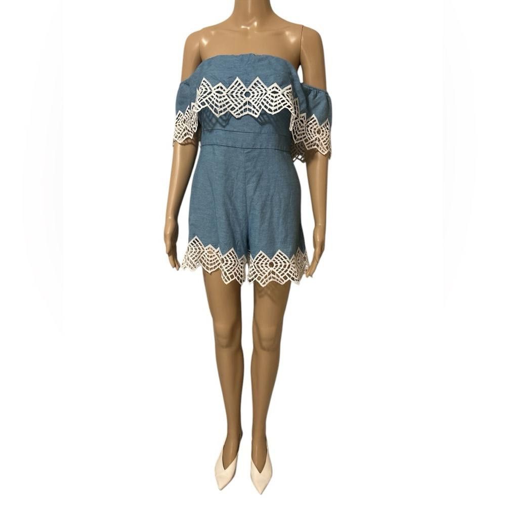 Bardo Blue Off-Shoulder Romper with Lace Trim Size 27" / US 4 / IT 40 - 1 Thumbnail