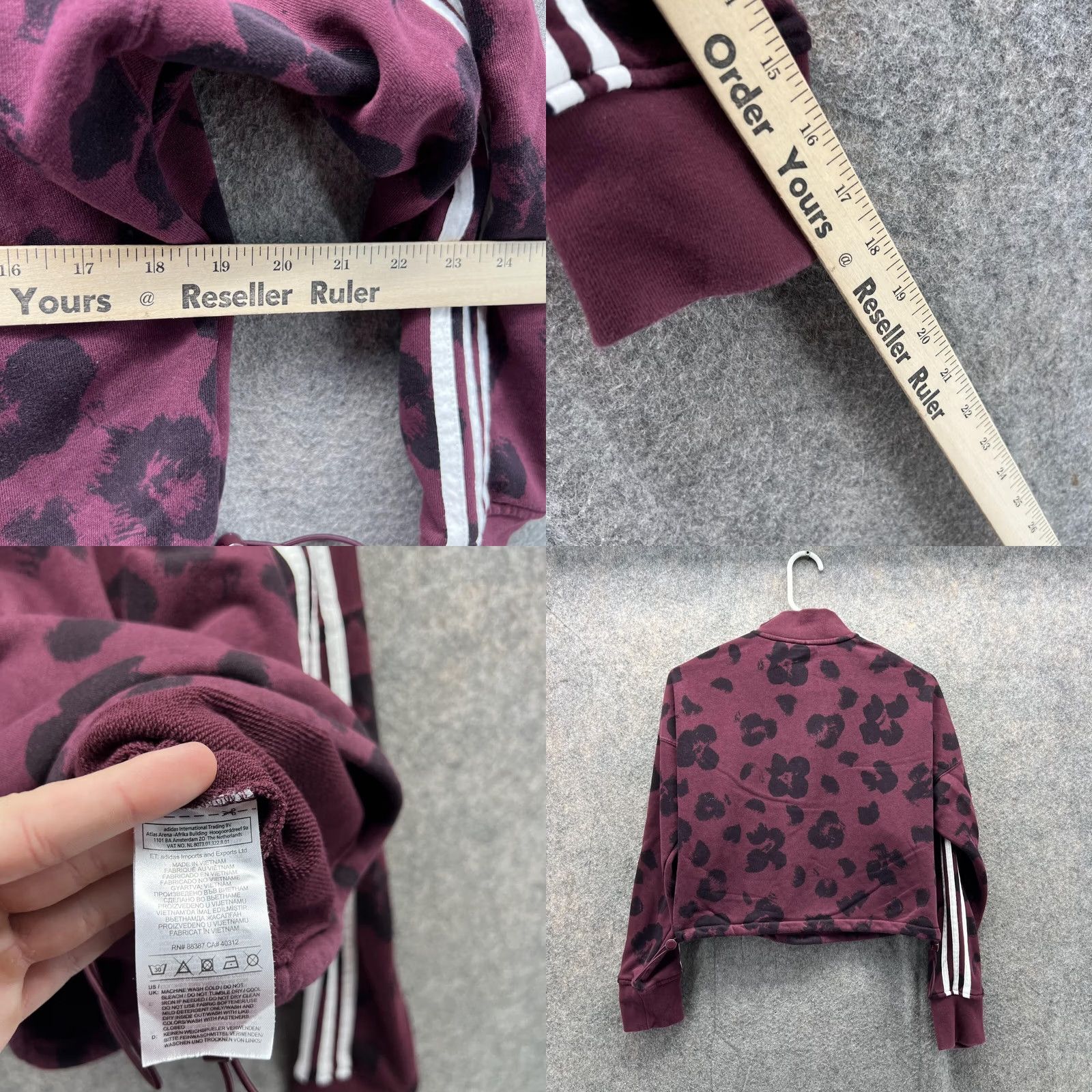 Adidas Adidas Sweater Women XS Burgundy 1/4 Zip Cropped Jacket Floral Trefoil Size XS / US 0-2 / IT 36-38 - 8 Thumbnail