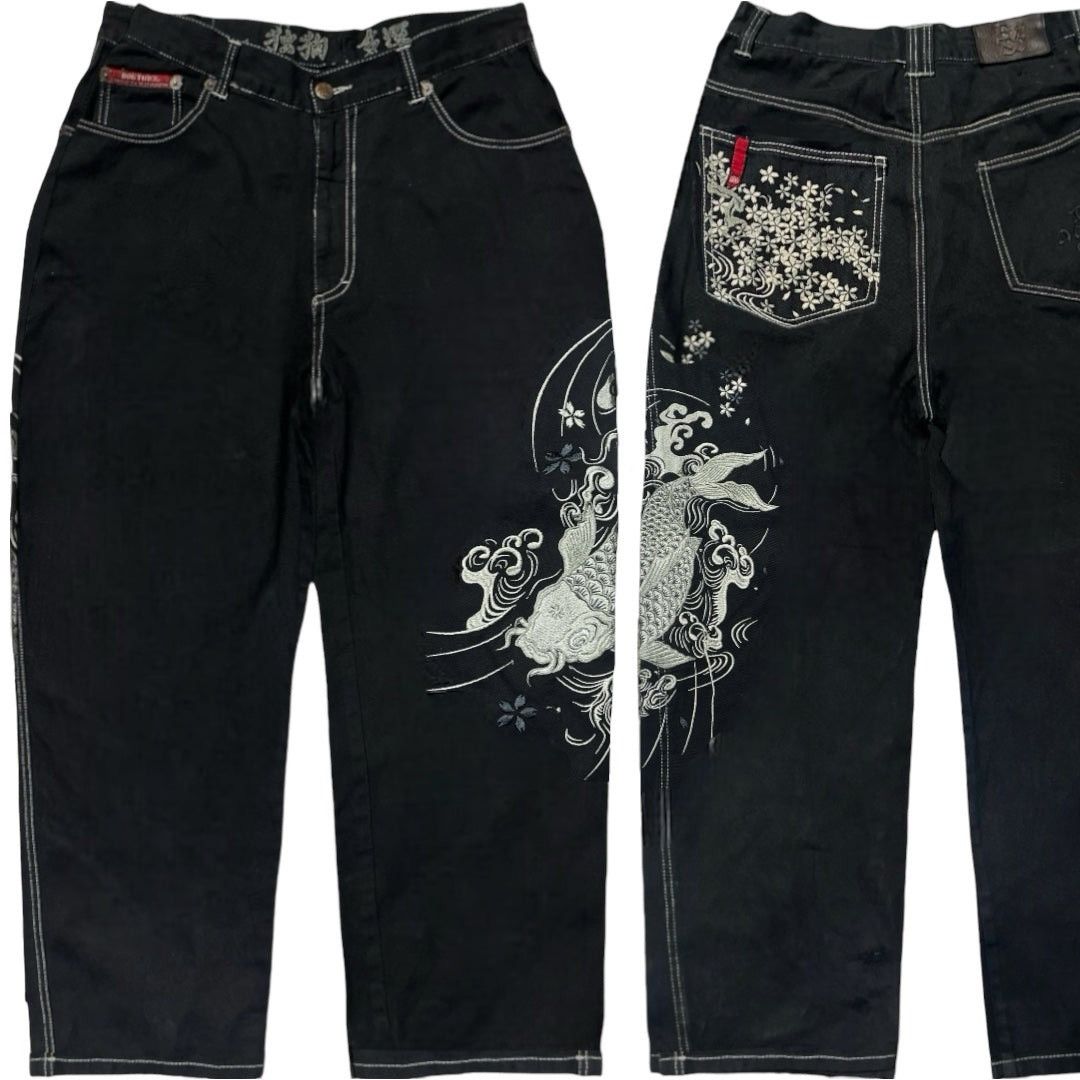 image of Vintage Japanese Embroidered Koi Fish Jeans [34-32] in Grey, Men's