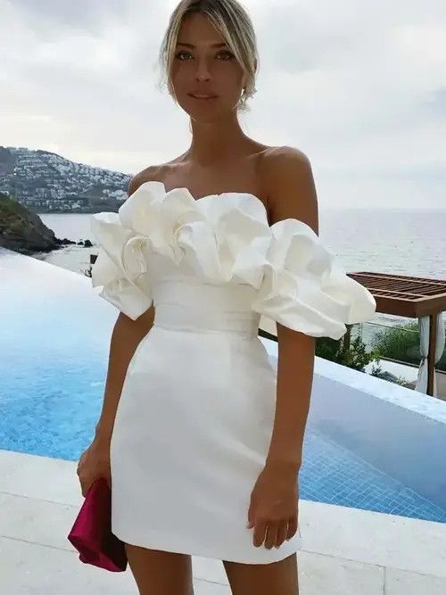 image of Vintage Spring Women Ruffles Slash Neck Bodycon Package Hip Party in White (Size Medium)