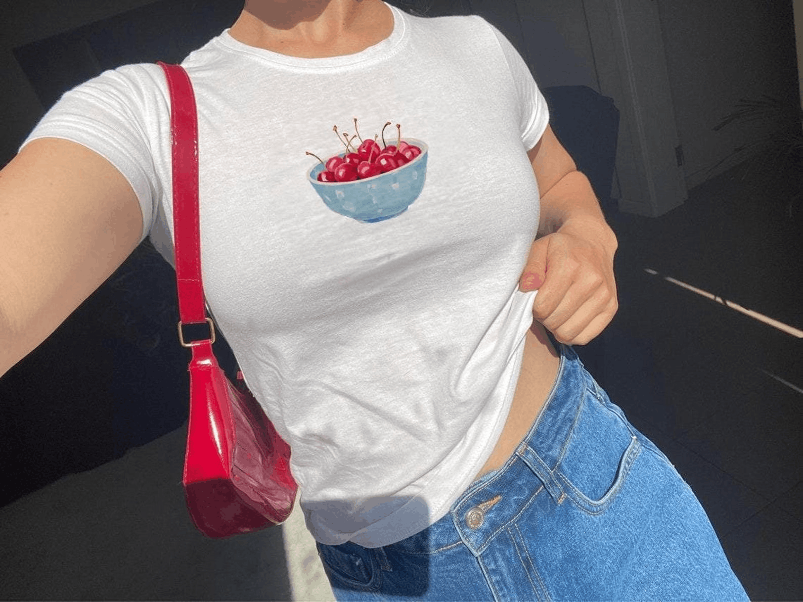 Other Painted Blue Bowl of Cherries Baby Tee Size XL / US 12-14 / IT 48-50 - 2 Thumbnail