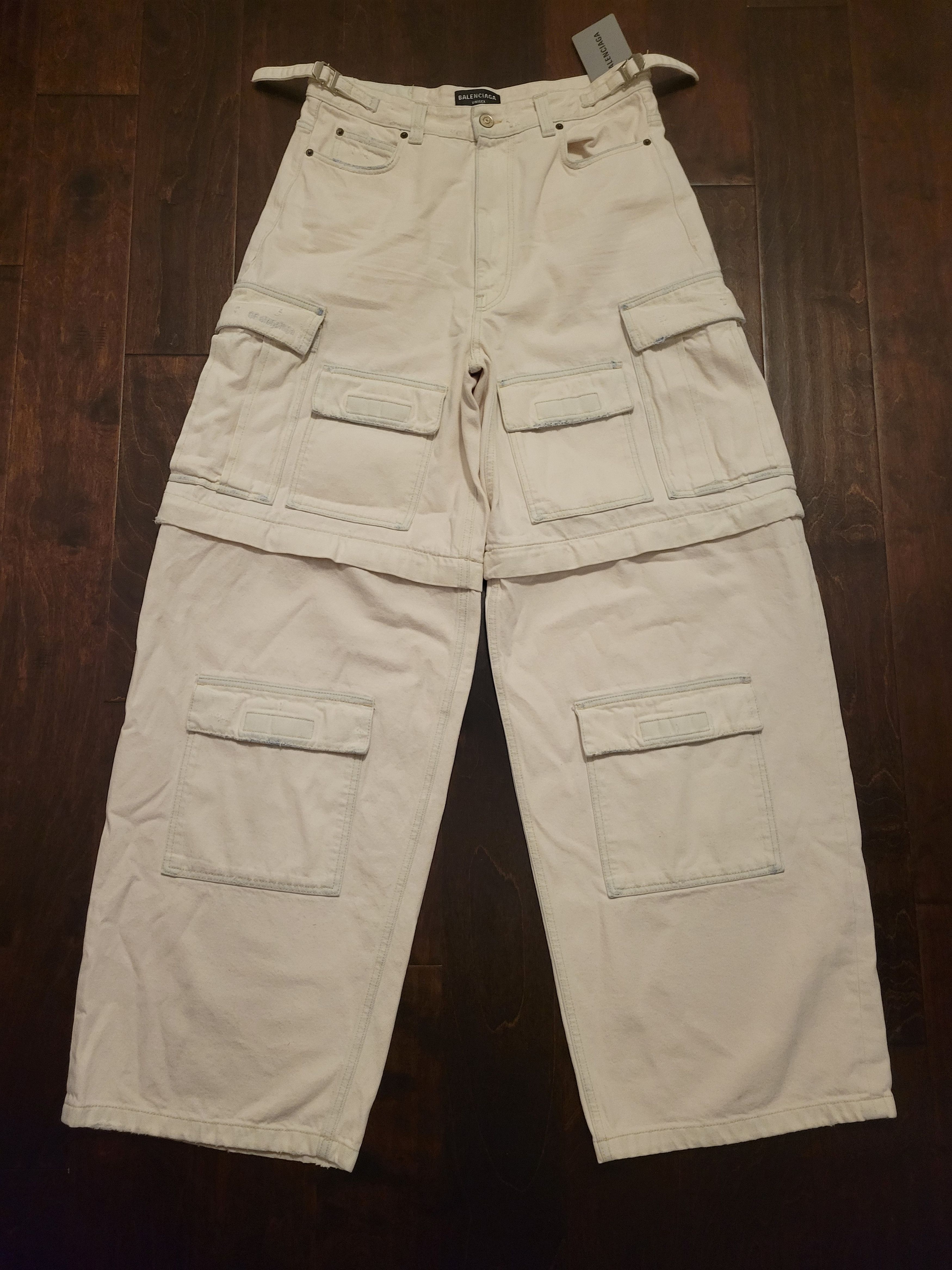 image of Balenciaga White Denim Baggy Cargo Convertible Pants, Men's (Size 30)