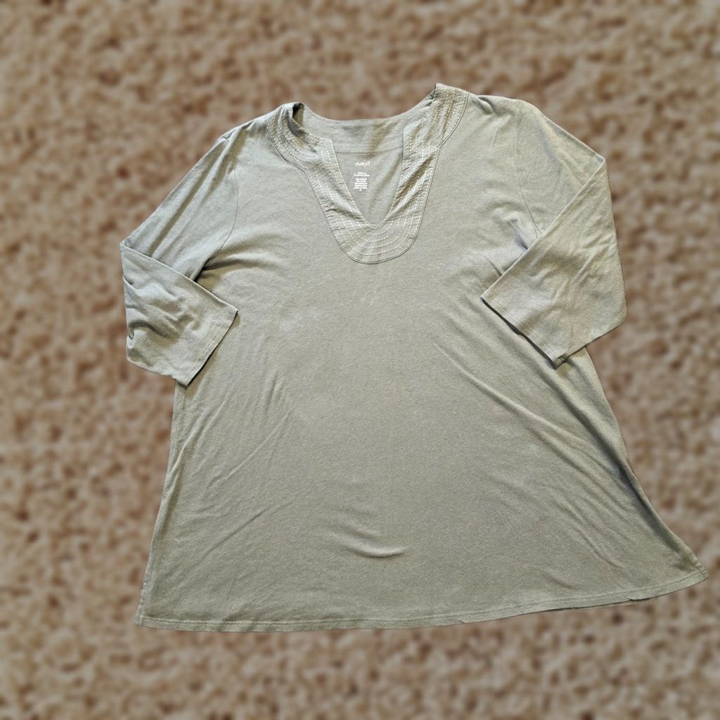 J. Jill J Jill Top Women XL Green Linen Blend Tunic 3/4 Sleeve V-Neck Stretch Casual Capsule Blouse Shirt Womens Size XL / US 12-14 / IT 48-50 - 1 Thumbnail