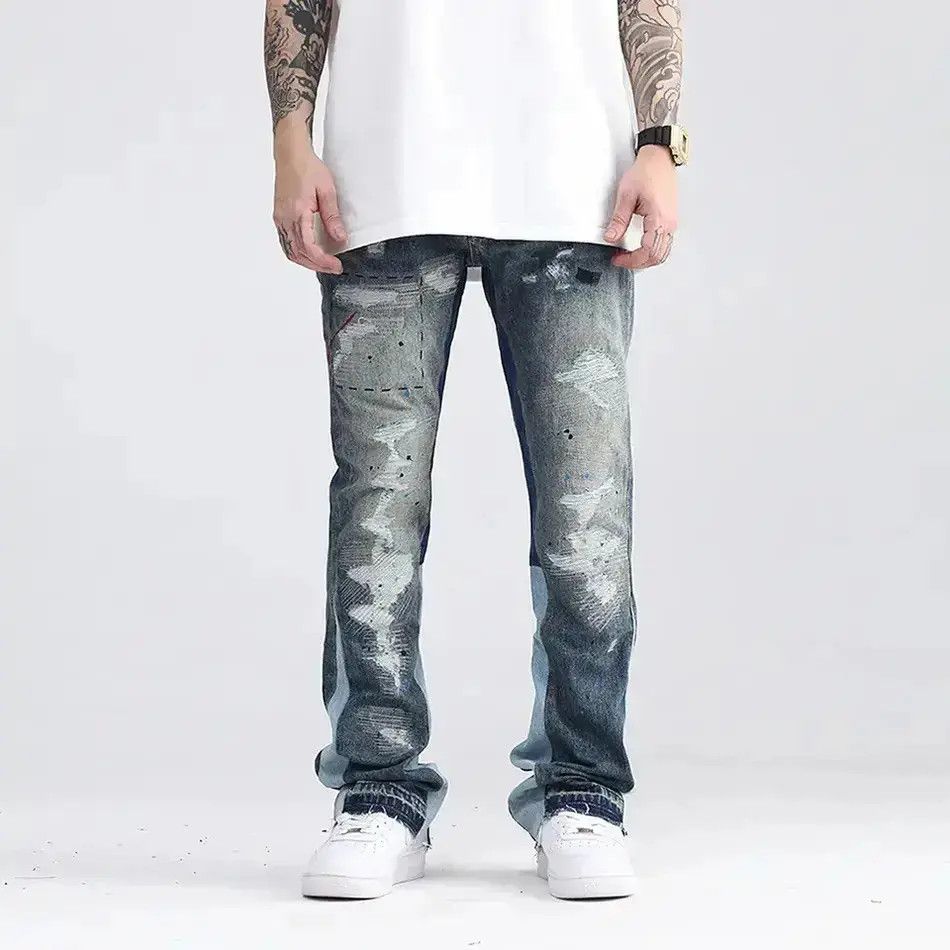 Japanese Brand Blue Speckle ink Washed Destroyed Flared Jean Size US 30 / EU 46 - 3 Thumbnail