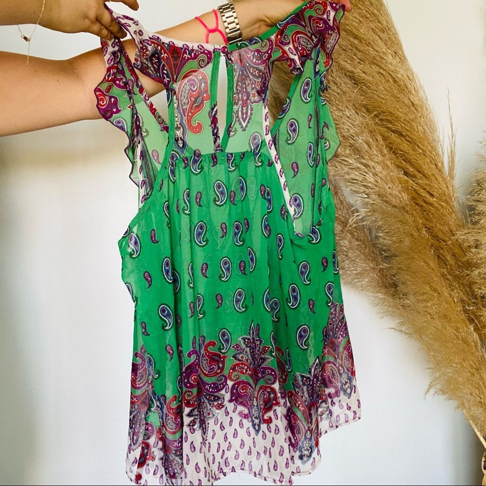 Vintage VINTAGE Green Purple White Ruffle Print Sheer Tank Blouse Size L / US 10 / IT 46 - 7 Thumbnail
