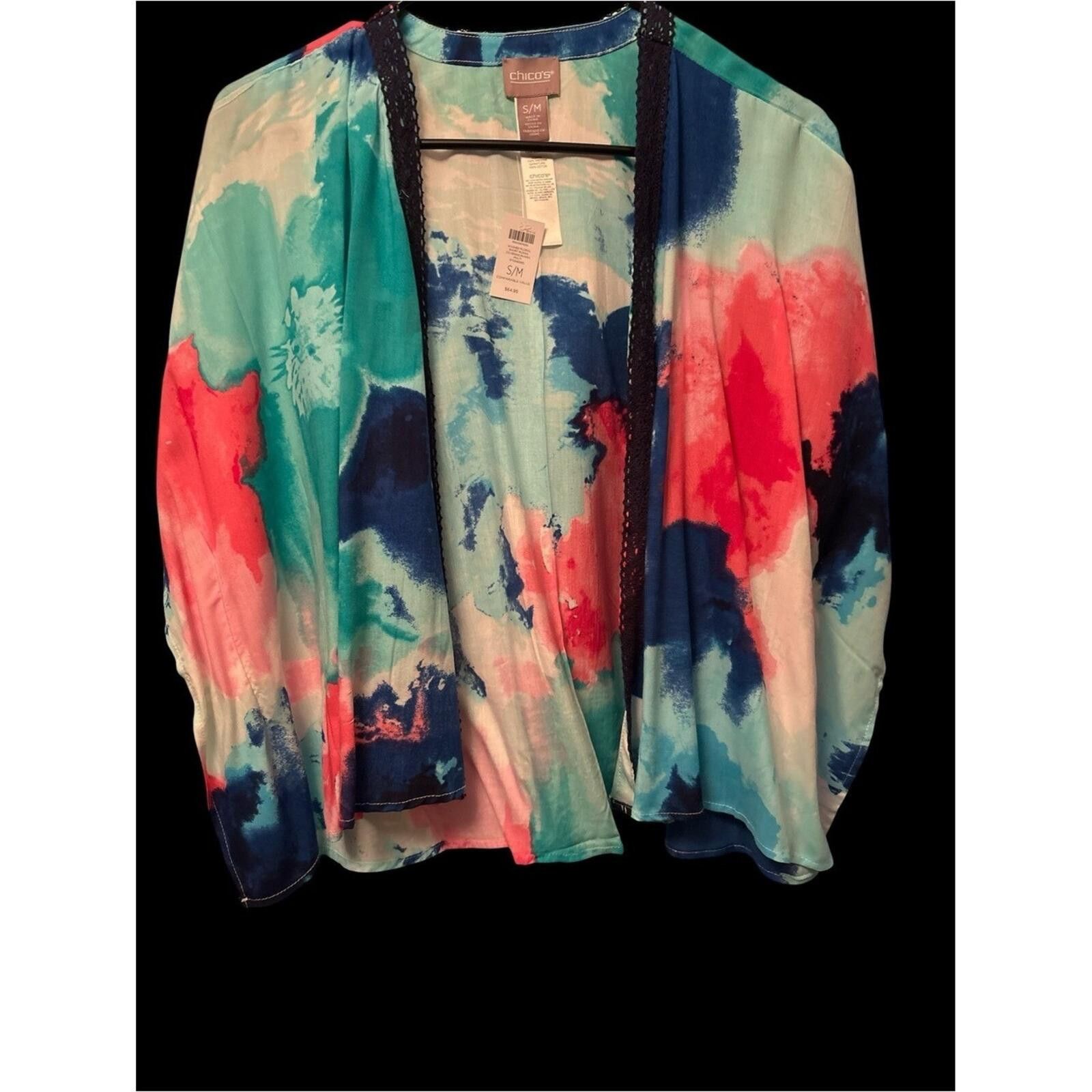 Chicos Chico's Open-Front Kimono in Turquoise, Coral & Navy Size ONE SIZE - 1 Thumbnail