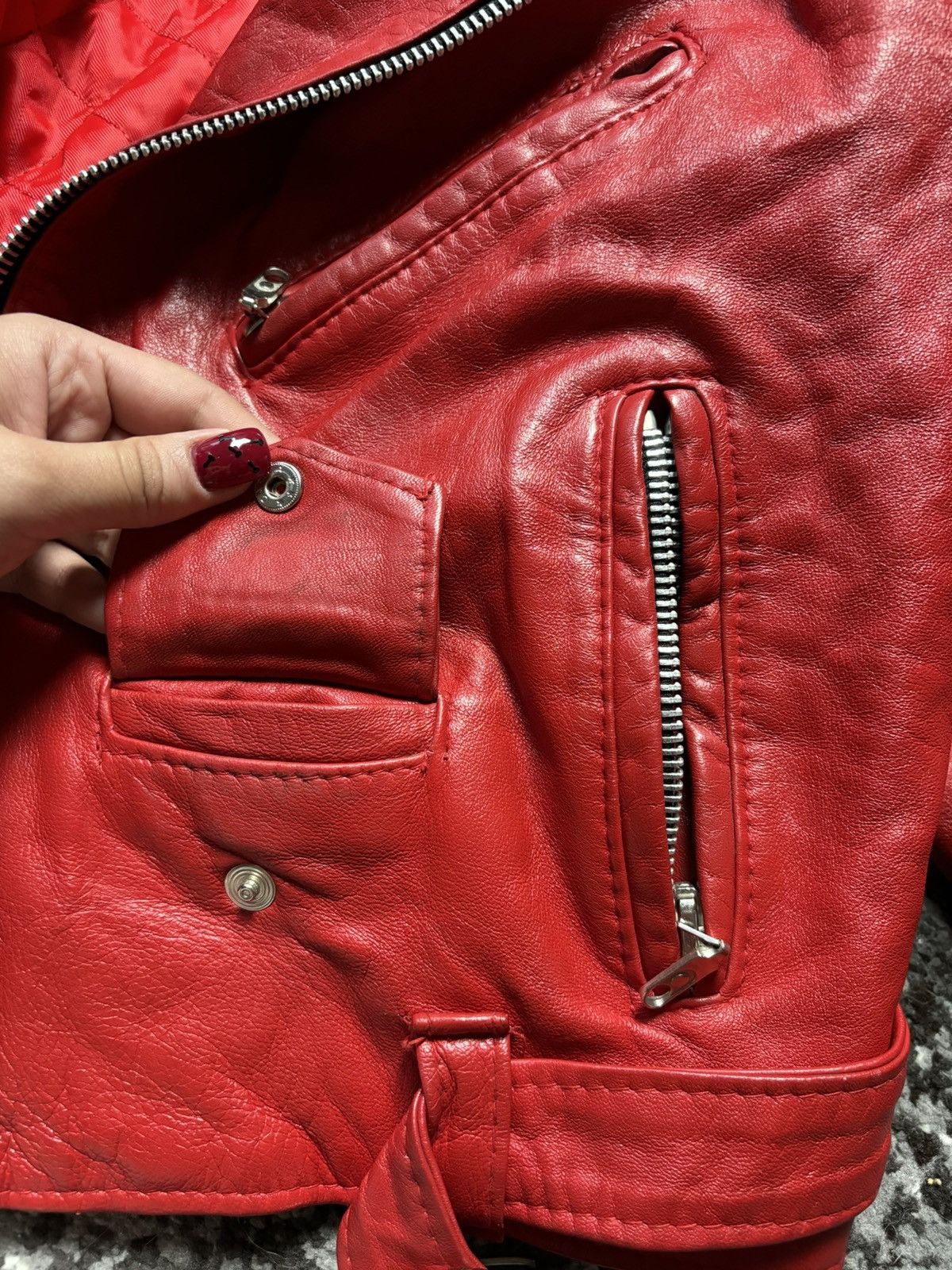Japanese Brand × Vera Pelle Red leather biker jacket Vera Pelle with silver buckle Size M / US 6-8 / IT 42-44 - 3 Thumbnail