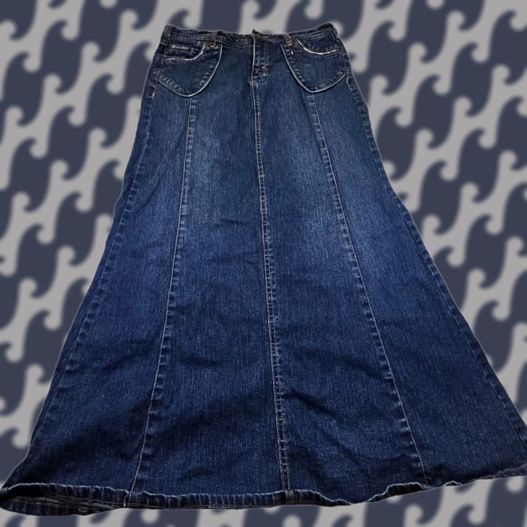 Vintage Y2K Denim Maxi Skirt 7/8 Blue Panel Boho Indie Flare Stretch Raw Hem 2000s Size 28" / US 6 / IT 42 - 1 Thumbnail