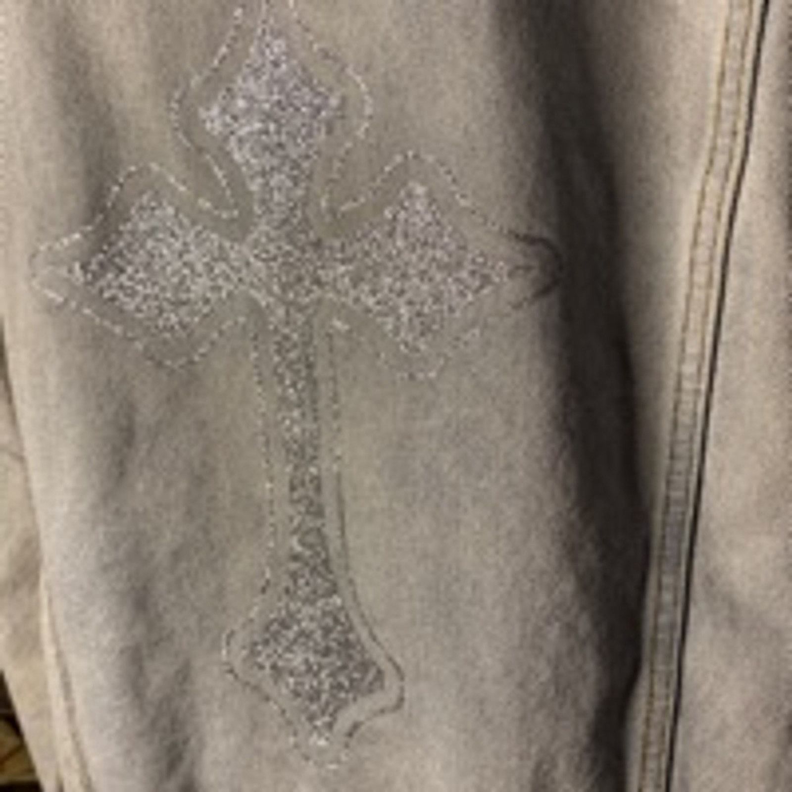 Handmade Upcycled Light Wash Denim Jacket XL Cross Detail Handmade Size XL / US 12-14 / IT 48-50 - 2 Thumbnail
