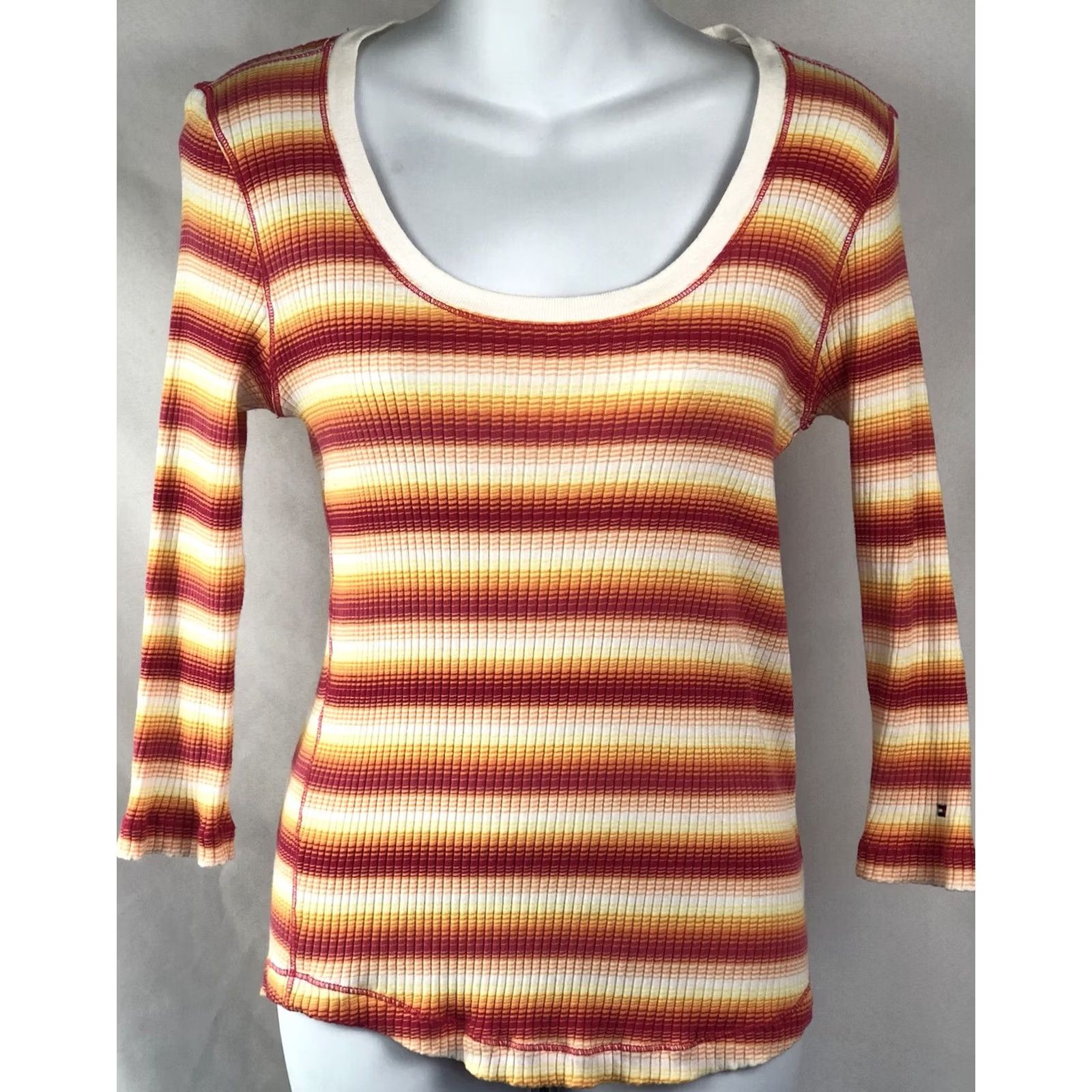 Tommy Hilfiger VINTAGE Tommy Hilfiger thermal top M yellow/red stripe scoop 3/4 sleeves Tee Y2K 90s Mens Womens Girls Boys Size M / US 6-8 / IT 42-44 - 5 Thumbnail