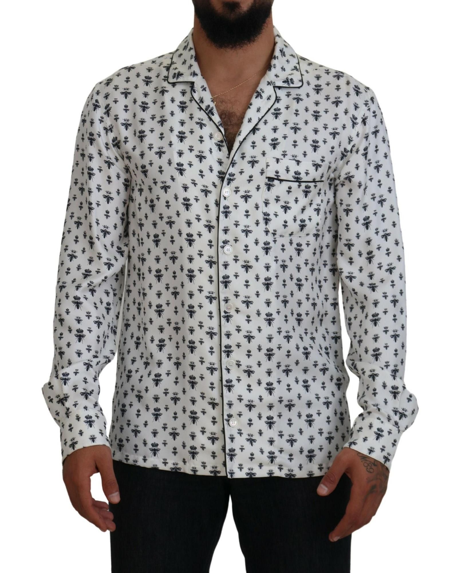 image of Dolce Gabbana Printed Silk Long Sleeve Pajama Top in Off White, Men's (Size Small)