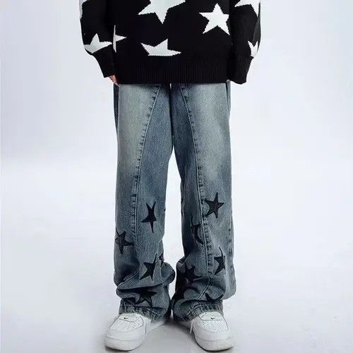 High street washed embroidered star patch jeans