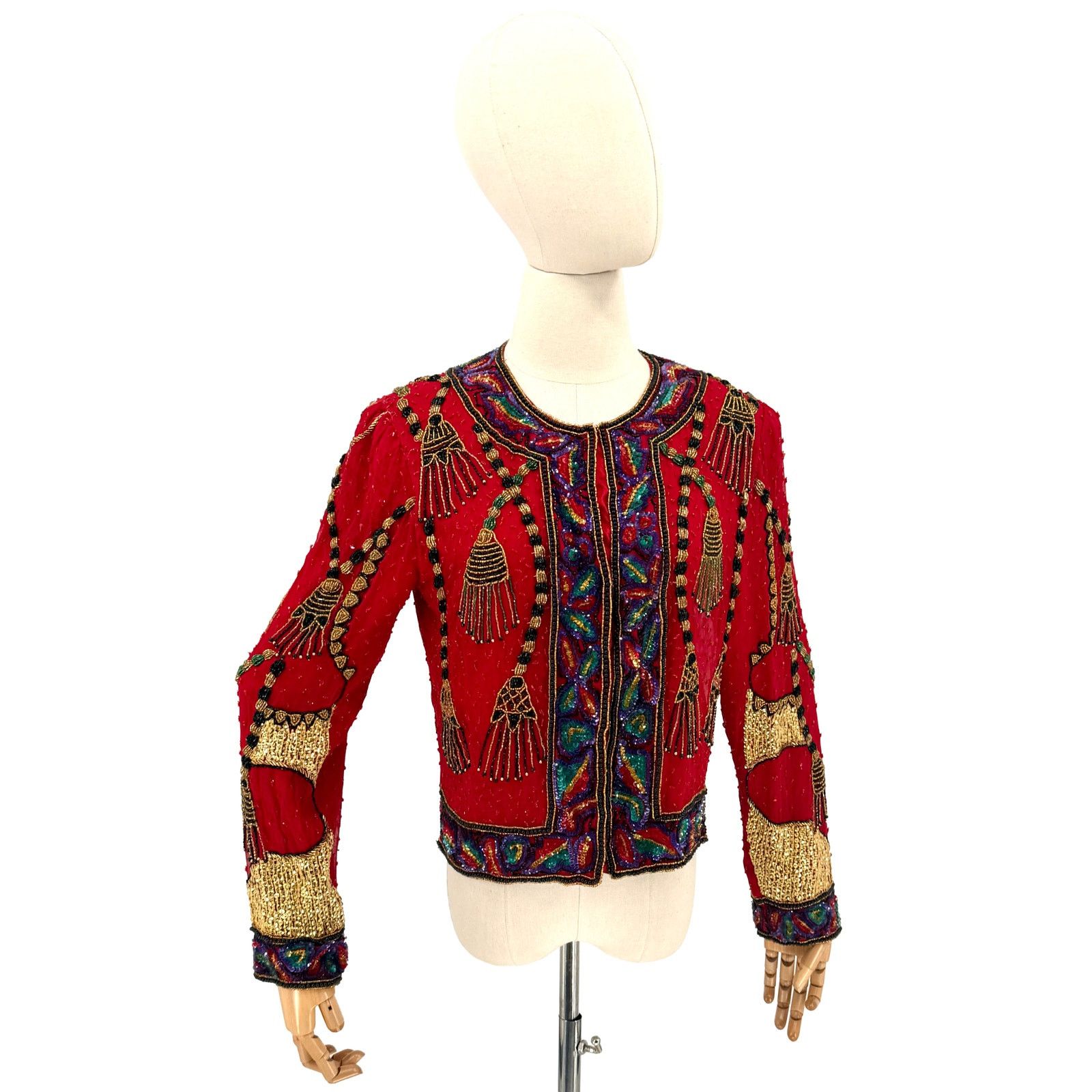 Vintage Vintage 90s Red 100% Silk Beaded Glam Statement Jacket Size S / US 4 / IT 40 - 1 Thumbnail