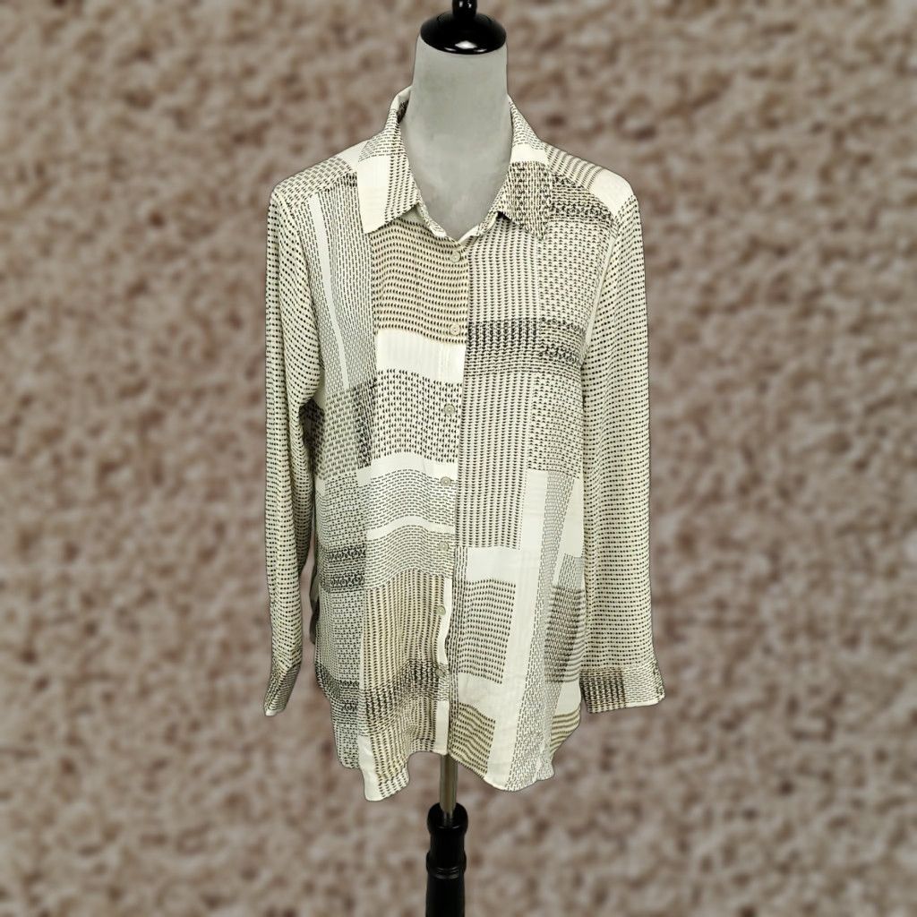 Vintage Rose And Olive Blouse Womens Large Black White Geometric Button Up Top Size XL / US 12-14 / IT 48-50 - 1 Thumbnail