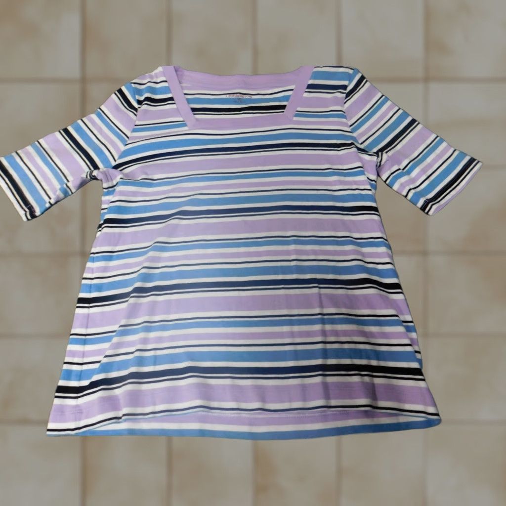Croft & Barrow Croft & Barrow Womens Blouse XL Purple Striped Crew Neck Short Sleeve Casual Shirt Regular Clothing Size XL / US 12-14 / IT 48-50 - 1 Thumbnail