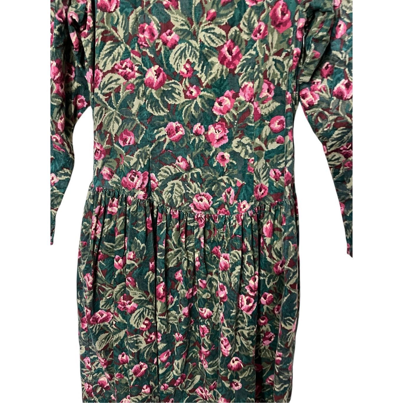 Other Vintage Eileen West Green Pink Floral Corduroy Maxi Dress Si Size M / US 6-8 / IT 42-44 - 4 Thumbnail