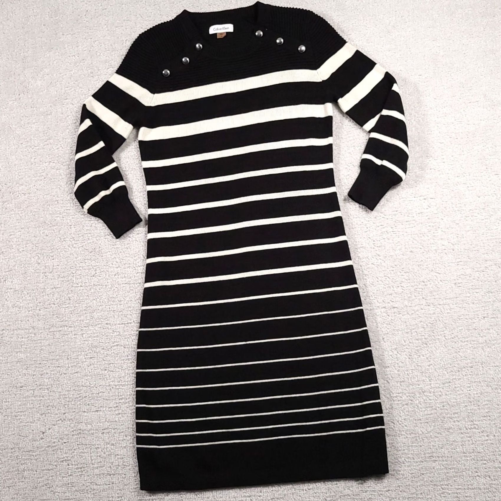 Calvin Klein Calvin Klein Sweater Dress PS Striped Black Knit 3/4 Sleeve Women Small Petite Knitted Knee Length Multicolor Striped Calf? Size S / US 4 / IT 40 - 2 Thumbnail
