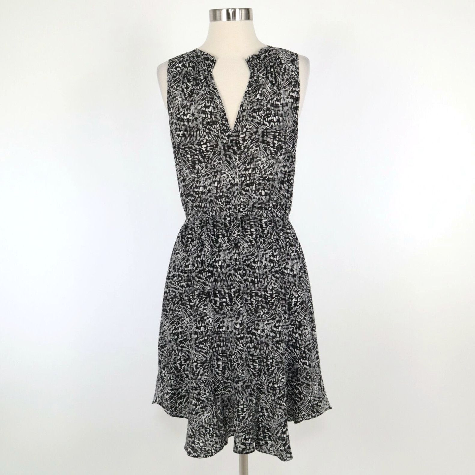 image of Rebecca Taylor Silk Dress Womens 4 Sleeveless Black White Print Ruffle Hem (Size Small)