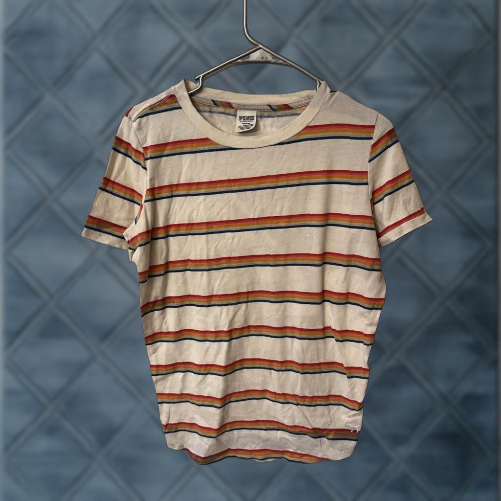 Pinko PINK T-Shirt Women M White Rainbow Stripes Crew Neck Logo Graphic Casual Shirt Size M / US 6-8 / IT 42-44 - 1 Thumbnail