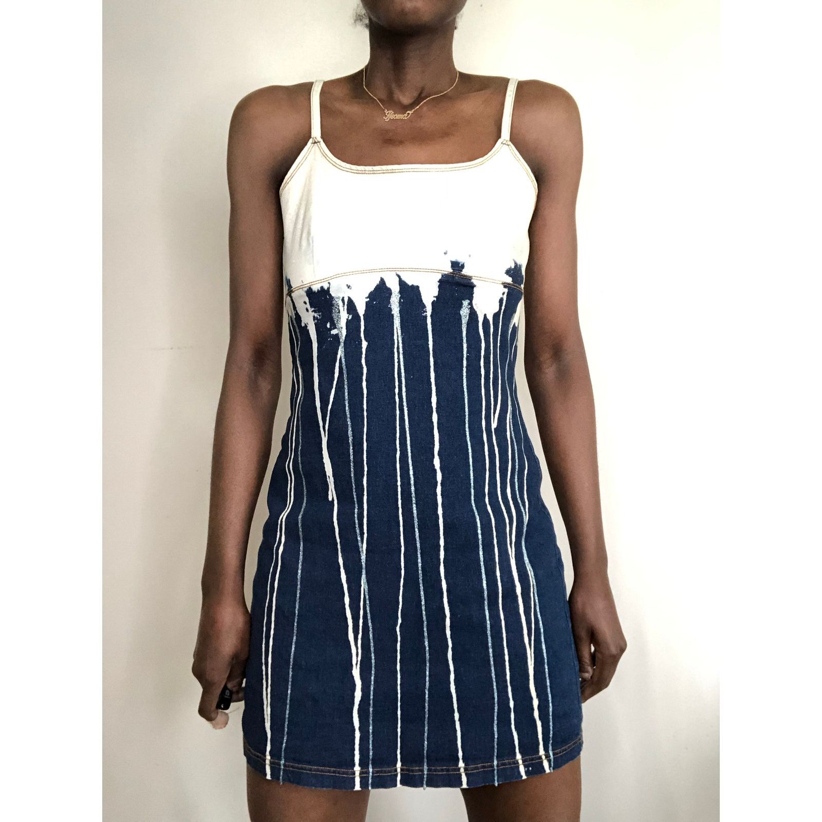Vintage Vintage Y2K Aqua Blues Glitter & Drip Denim Slip Dress Size M / US 6-8 / IT 42-44 - 6 Thumbnail