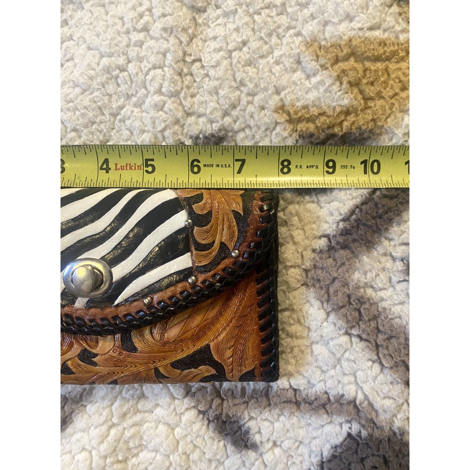 Vintage Hand Tooled Leather Women’s Wallet Organizer Zebra Floral Pattern Studs 8” X 4” Size ONE SIZE - 6 Thumbnail