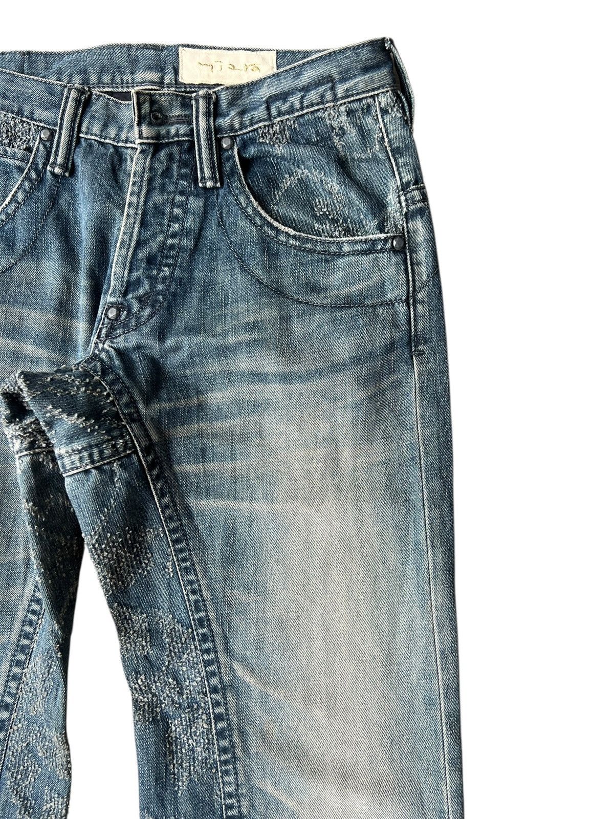 Handmade Mizra Hand Made in Japan Distressed Boro Denim Bootcut Jeans Size US 30 / EU 46 - 11 Thumbnail