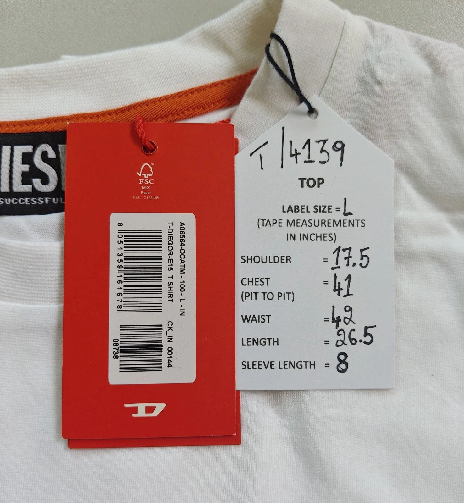 Diesel DIESEL White T-Shirt With Logo Patch T 4139 Size US L / EU 52-54 / 3 - 5 Thumbnail