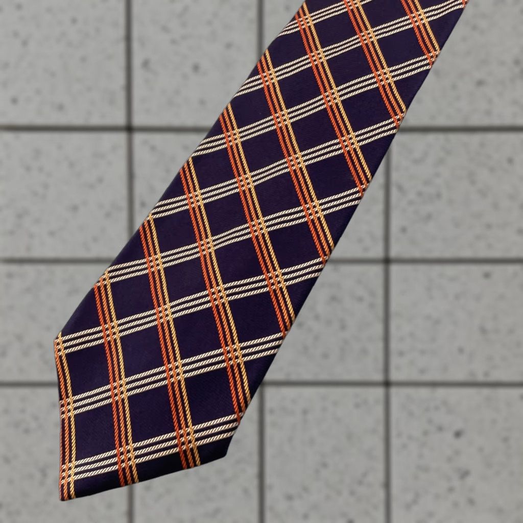 Brooks Brothers VINTAGE Brooks Brothers Makers Silk Tie 4x61" Woven Plaid Geometric Blue Orange Red USA Men Tie 100% Silk Handmade Wide Necktie Vintage 1990s Size ONE SIZE - 1 Thumbnail